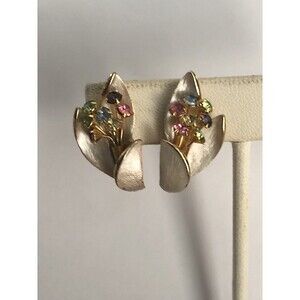 Beautiful Vintage Flower Multicolored Enamel & Rhinestones  Clip On Earrings